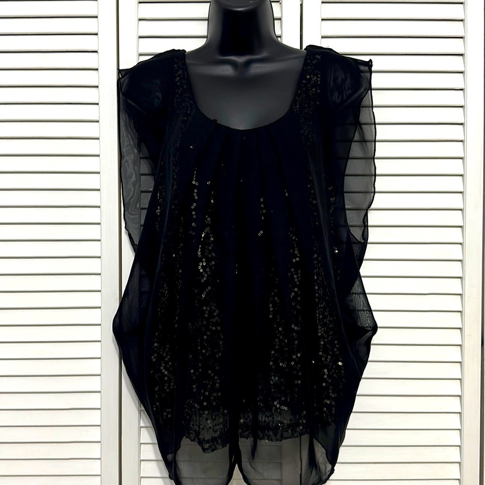 Imaginary voyage Black Sheer Pleated Sleeveless Cover Gold Lined Sequin Tank LG
